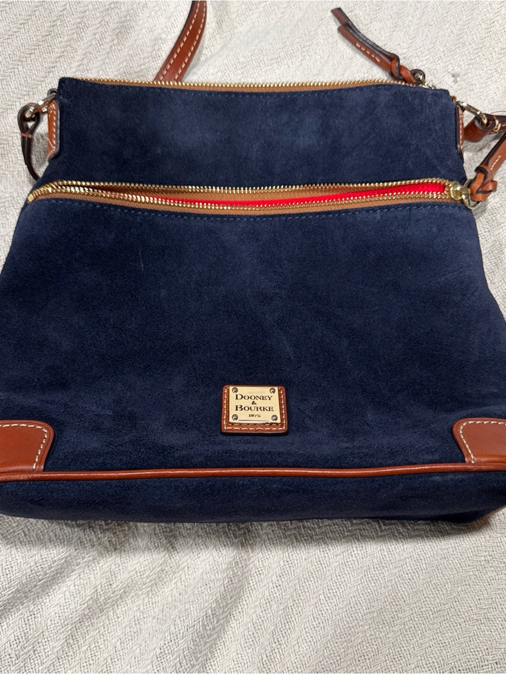 Dooney & Bourke Navy Suede Crossbody with Brown Leather Trim and Red Zip Accent